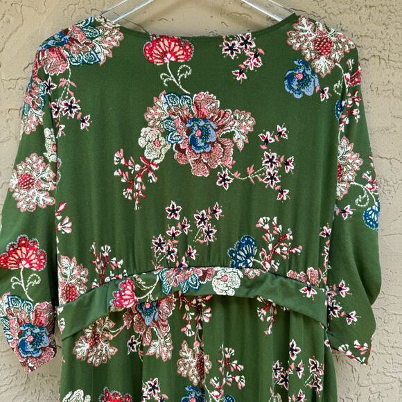 Kiyonna Dress Green Velour Floral Size 2X Midi Faux Wrap Made in USA Plus - Picture 5 of 7